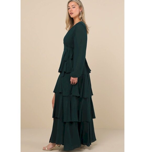 Lulus Marvelous Grace Emerald Long Sleeve Tiered Wrap Maxi Dress Size XL NWOT - Picture 3 of 6